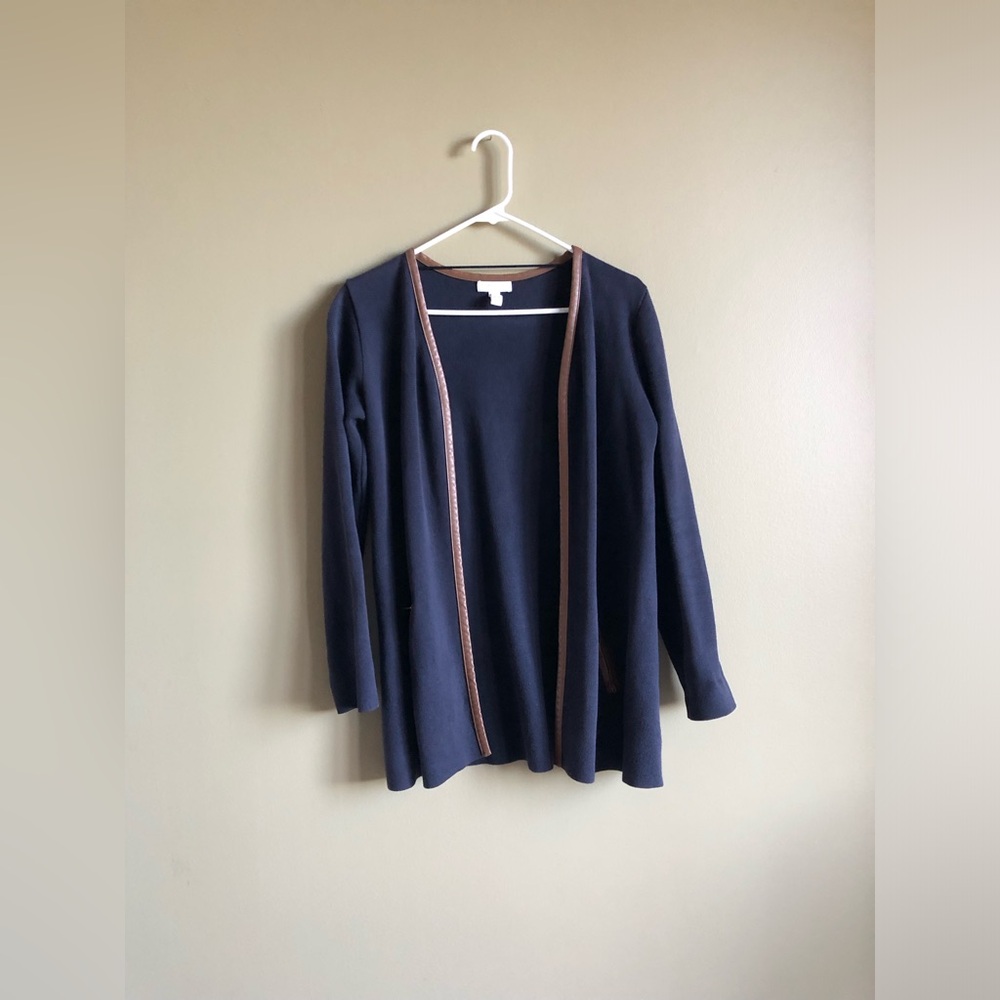 Charter Club 100% cotton Blue Cardigan with Brown leather trim Size petite Small